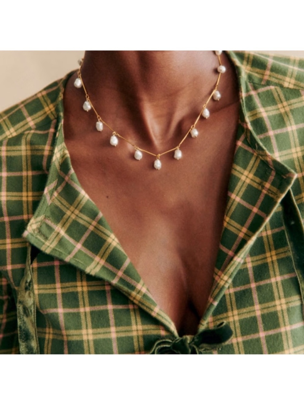 Sezane Brenda Plaid Blouse Checkered Tie Front Fall Top Velvet Green Size Medium - Picture 4 of 13